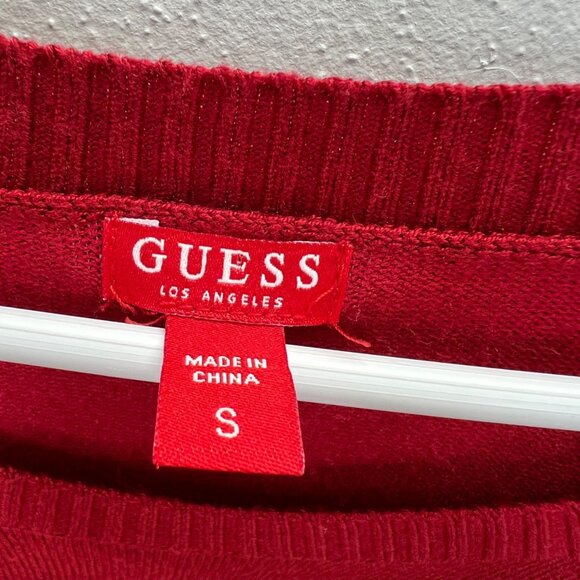 Guess Sweater S Women Red Pullover Triangle Logo Rhinestone Accents Crochet Arms - Picture 7 of 8